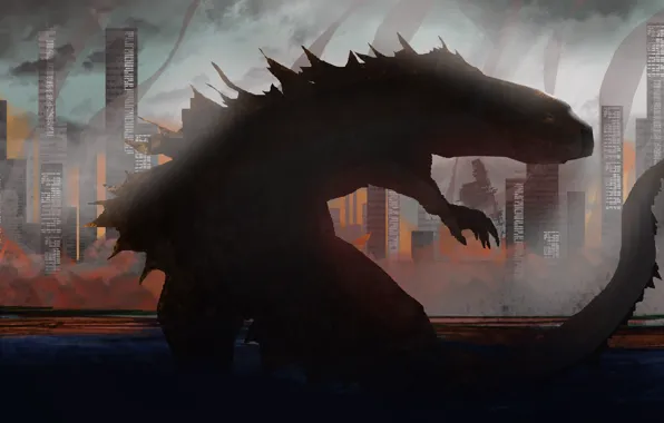 The city, home, skyscrapers, silhouette, art, Godzilla, Godzilla