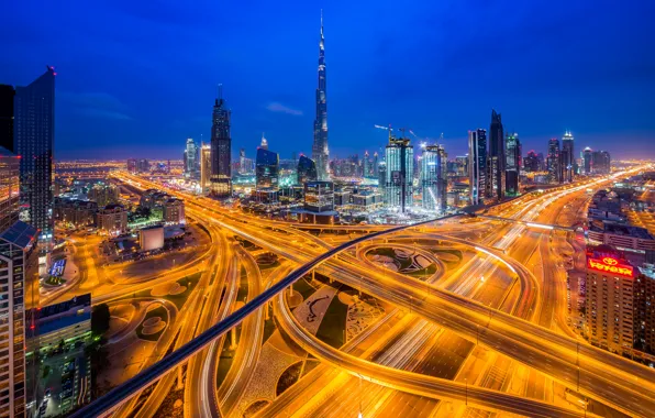 Night, the city, lights, blue, movement, road, skyscrapers, highway