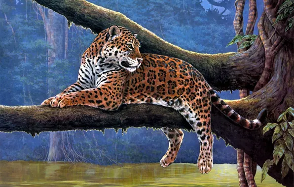 Picture animals, river, tree, Jaguar, branch, Jaguar, painting, vines