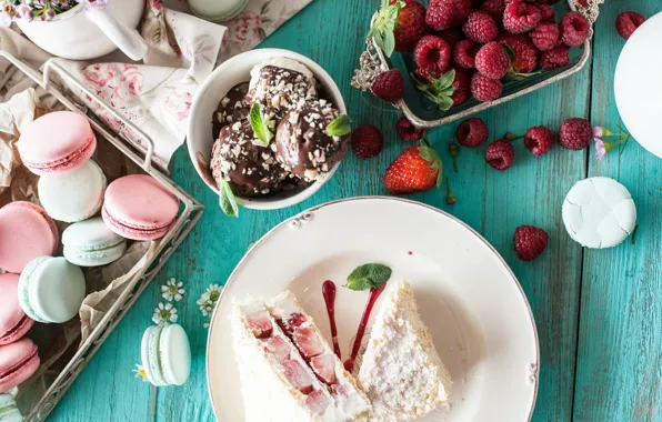 Picture berries, raspberry, cookies, ice cream, cake, sweet, macaron
