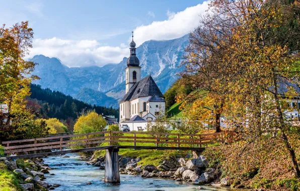 Autumn, trees, mountains, bridge, river, Germany, Bayern, Church
