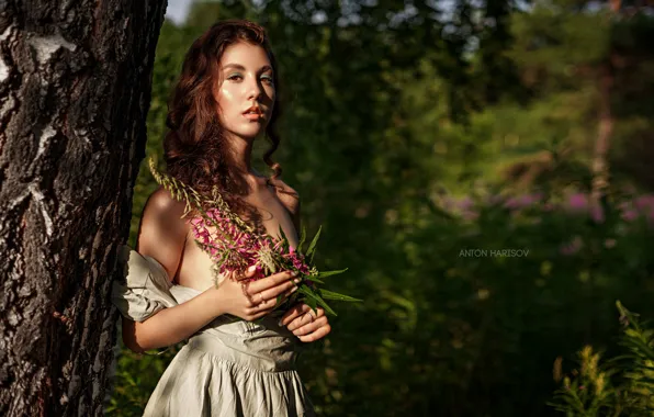 Picture look, girl, flowers, nature, pose, tree, Anton Kharisov