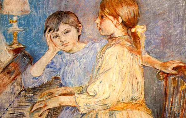 Music, lamp, picture, piano, Berthe Morisot, The Piano