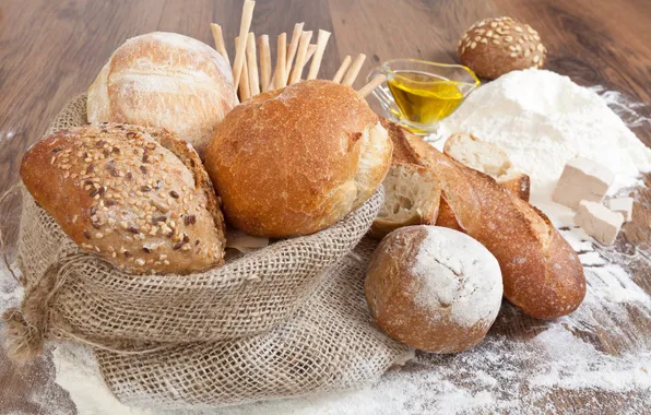 Picture round, oil, bread, bag, flour, baton
