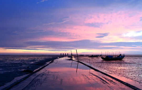 Sea, landscape, sunset, boats