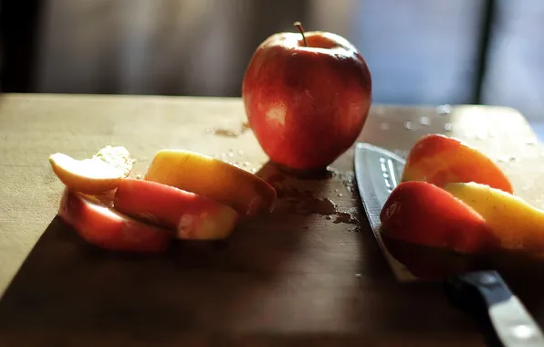 Macro, apples, food, knife