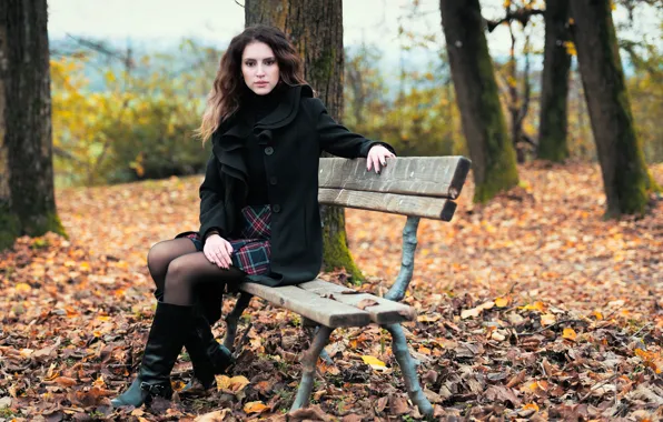 Picture autumn, girl, Park, foliage, bench, Clear