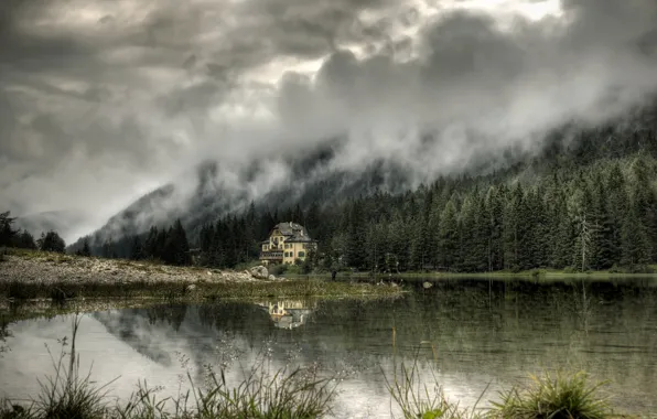 Picture forest, mountains, house, cloud