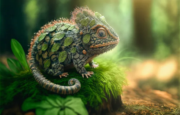 Greens, forest, leaves, nature, chameleon, graphics, moss, animal