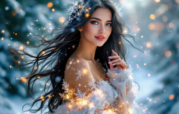 Winter, forest, look, girl, snow, snowflakes, nature, face