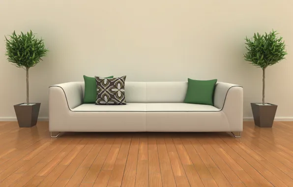 White, design, room, sofa, interior, plants, pillow, green