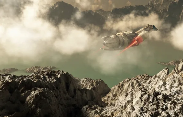 Sky, clouds, rocks, spaceship, planet, island in terrain, Serenity