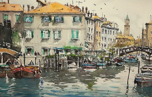Shore, tower, home, picture, boats, watercolor, the urban landscape, Maximilian DAmico