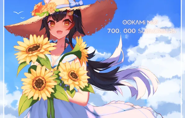 Summer, girl, sunflowers, Hololive, virtual youtuber, Mio Ookami, Holo no Graffiti
