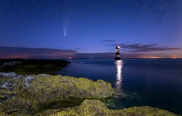Sea, the sky, stars, night, lights, shore, lighthouse, horizon
