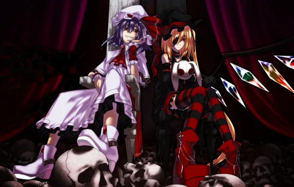 Picture skull, red eyes, the throne, eye patch, striped stockings, black wings, Touhou Project, Remilia Scarlet