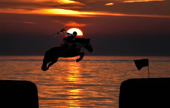 Sunset, the ocean, jump, horse, The sun, rider