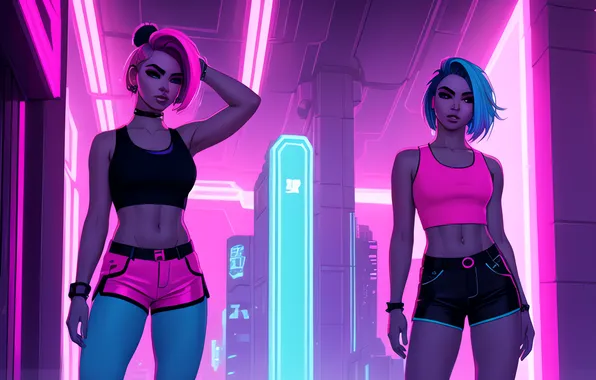 Picture shorts, neon, women, tank top, blue hair, bare midriff, AI art
