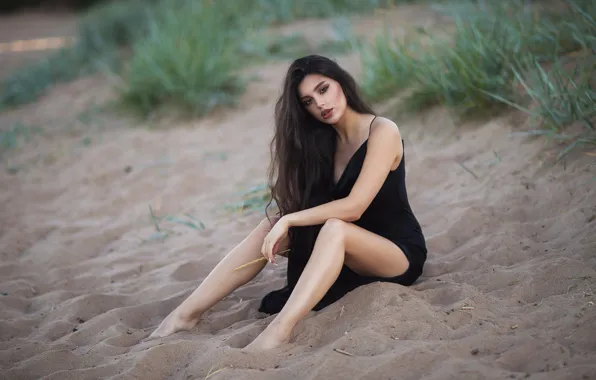 Picture sand, barefoot, dress, brunette, legs, long hair, Alex Basov