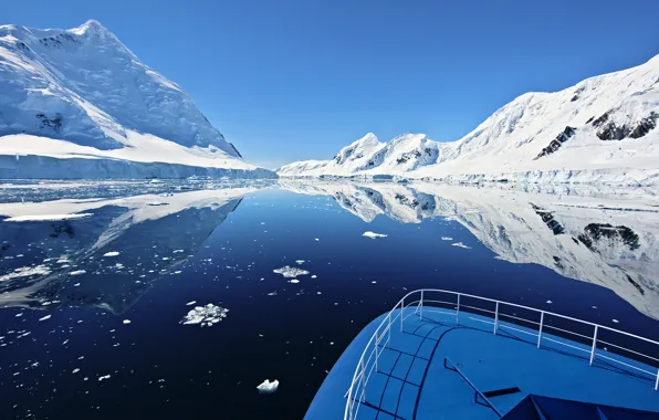 Picture mountains, the ocean, boat, Antarctica, Antarctica