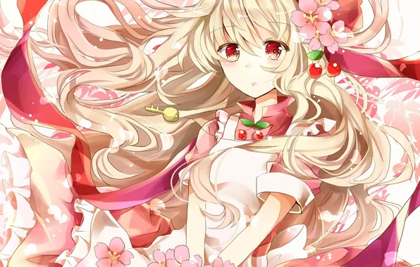 Girl, flowers, Sakura, key, art, tape, cherries, mary
