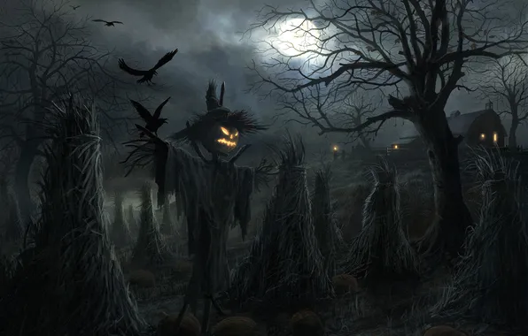Field, night, house, the moon, Halloween, Scarecrow