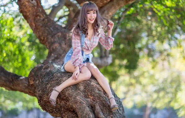 Girl, trees, Asian, bokeh