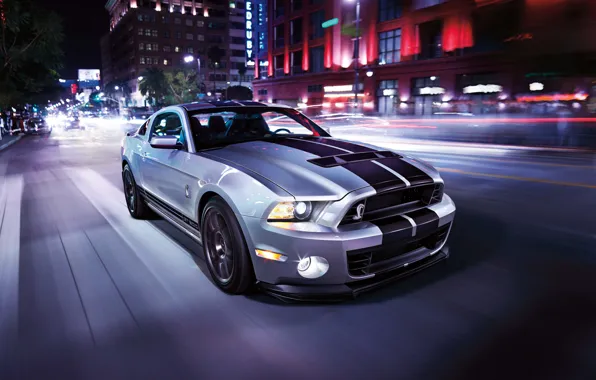 Road, car, light, the city, strip, speed, mustang, sports car