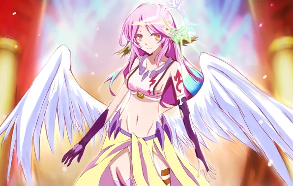 Gloves, halo, yellow eyes, blurred background, pink hair, Gabriel, white wings, No game no life
