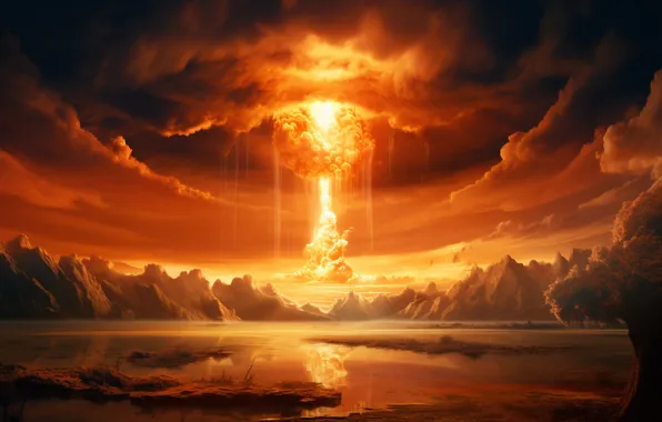 Clouds, Mountains, Lake, Fire, Mushroom, The explosion, Digital art, A nuclear explosion