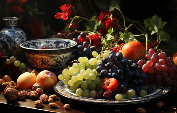 Light, the dark background, grapes, fruit, still life, different, tray, AI art