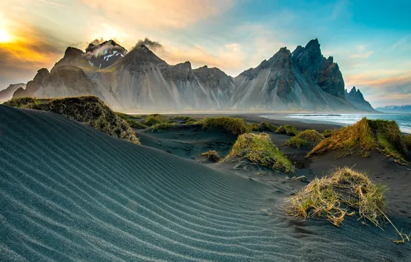 Sand, sea, clouds, landscape, mountains, strip, rocks, hills