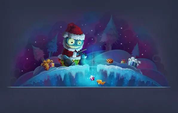 Picture forest, night, fishing, new year, Christmas, gifts, monster, new year