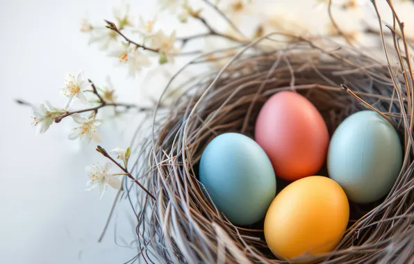 Flowers, branches, holiday, eggs, spring, Easter, socket, light background
