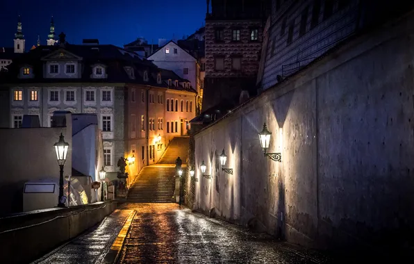 Night, the city, lights, street, lights, Prague
