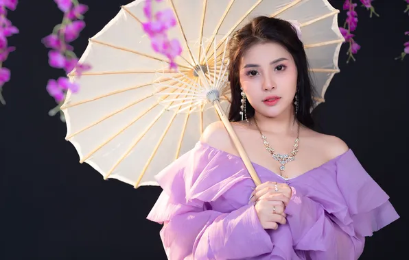 Look, girl, flowers, pose, portrait, umbrella, makeup, Asian