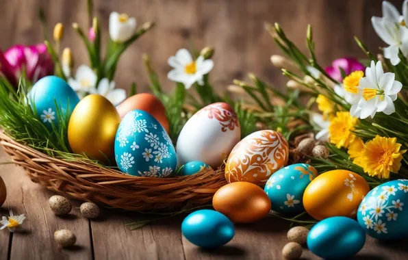 Picture flowers, eggs, spring, colorful, Easter, happy, flowers, spring