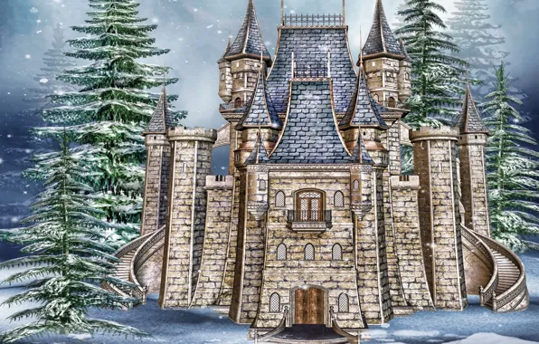 Picture photo, Winter, Snow, Castle, Spruce, Stone, 3D Graphics