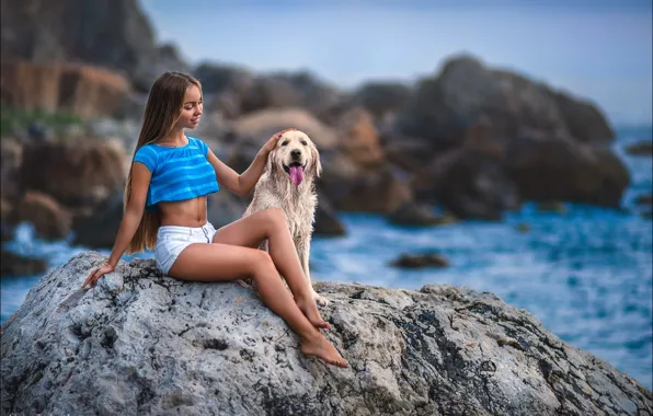 Sea, landscape, sexy, pose, stones, model, shorts, dog
