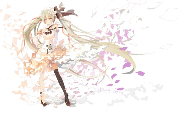 Girl, flowers, roses, petals, art, vocaloid, hatsune miku, heart