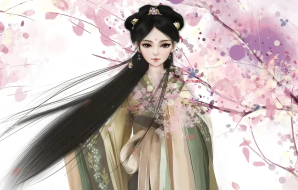 Picture decoration, Girl, doll, kimono, long hair