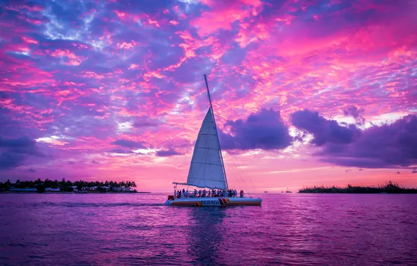 The sky, clouds, sunset, lake, yacht, sail