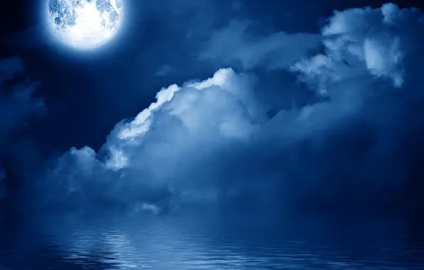 Sea, the sky, clouds, night, the moon