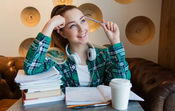 Look, girl, face, smile, table, room, books, handle