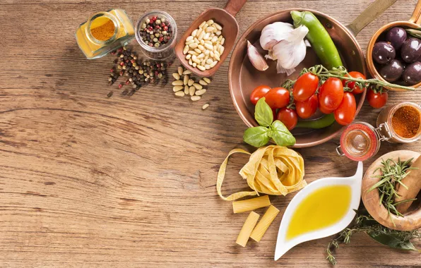 Tomatoes, olives, spices, pasta