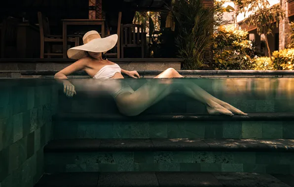 Swimsuit, girl, pose, house, model, wet, hat, pool