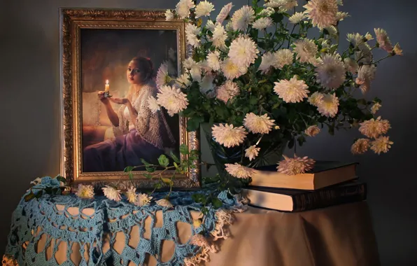 Table, picture, book, vase, still life, chrysanthemum, tablecloth