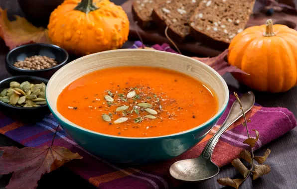 Bread, spoon, soup, pumpkin, bowl, seeds, puree