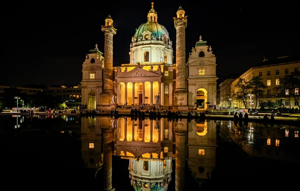Water, night, lights, pond, reflection, people, home, Austria