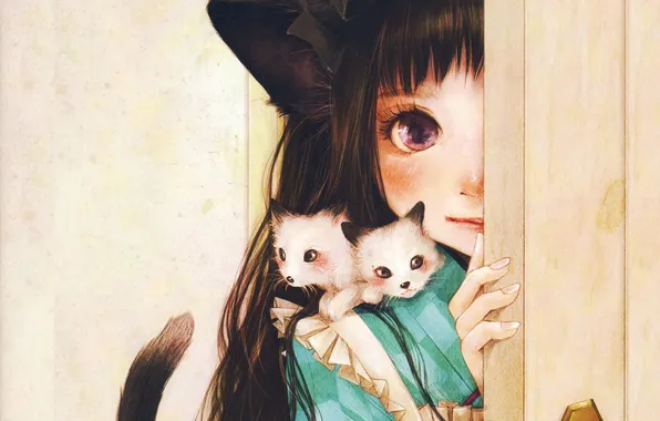 The door, girl, kittens, ears, art, neko girl, Siamese, Shiho Enta